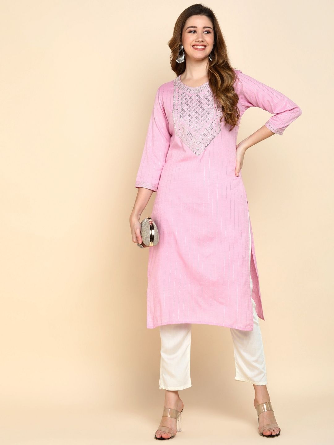 Sequin Embroidered Straight Kurta - Pink