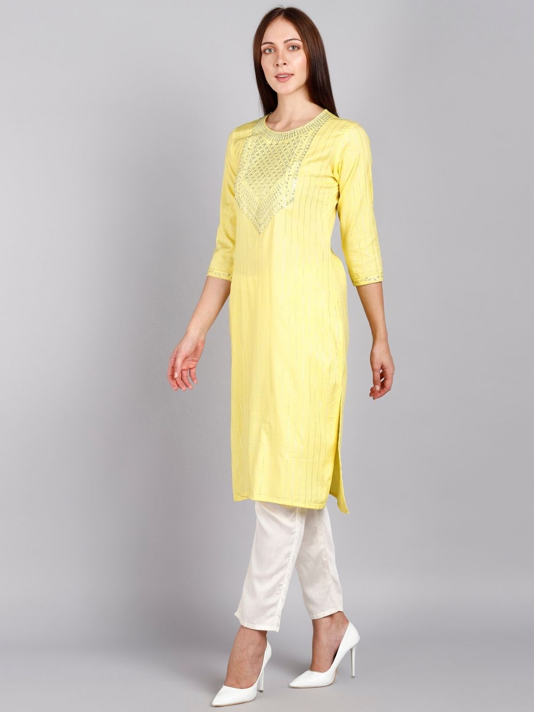 Sequin Embroidered Straight Kurta - Yellow