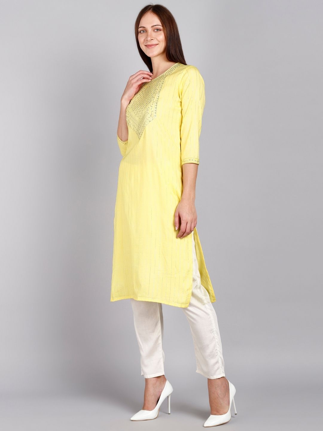Sequin Embroidered Straight Kurta - Yellow