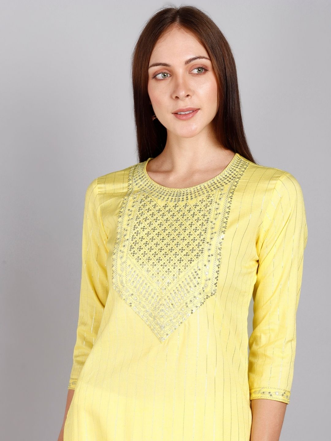 Sequin Embroidered Straight Kurta - Yellow