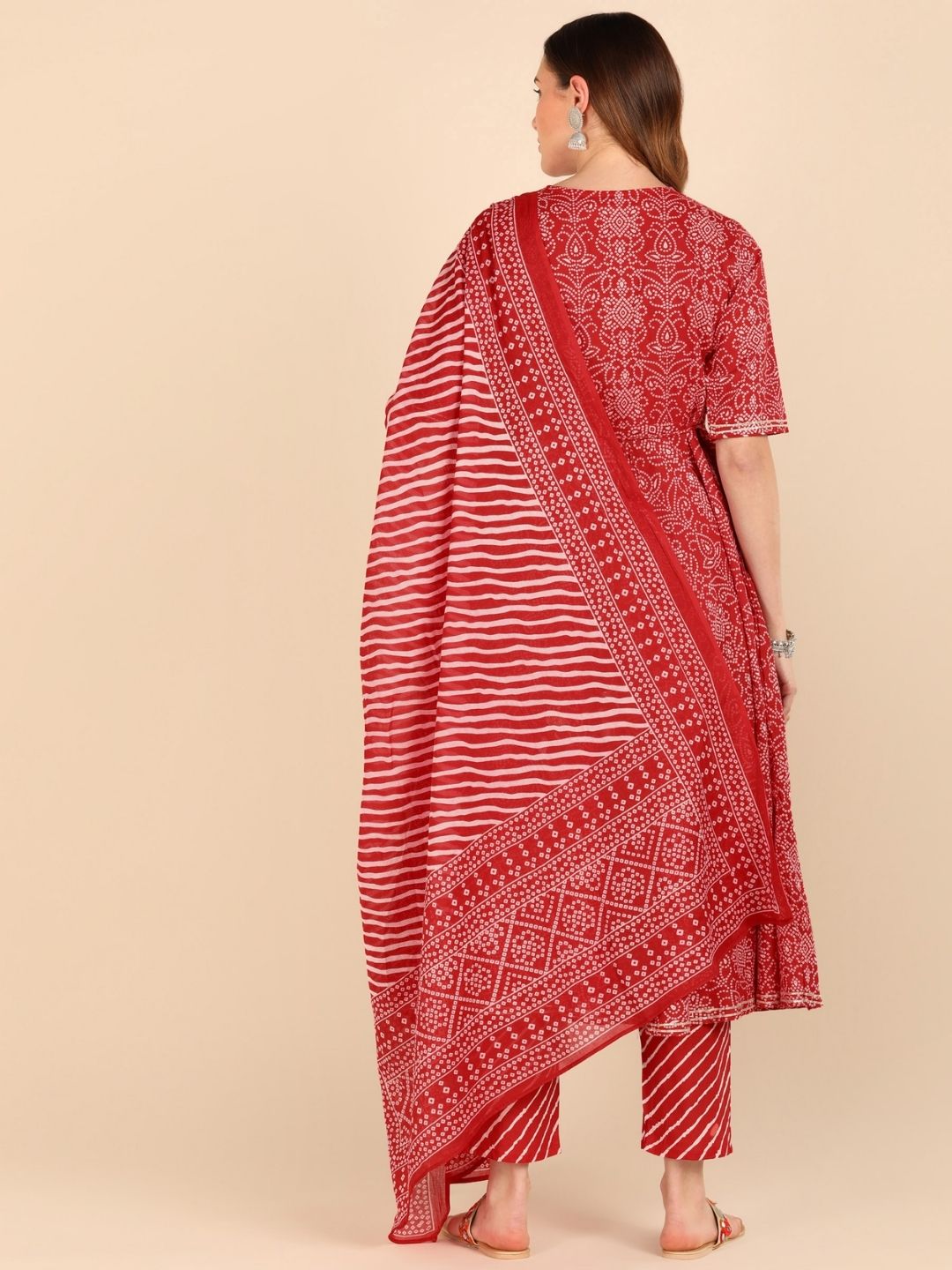 Bandhani Lehariya Print Kurta, Pant and Dupatta Set - Maroon