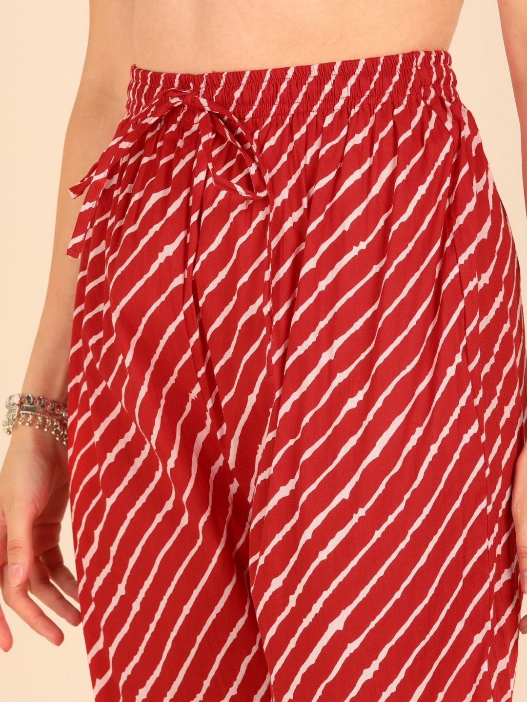 Bandhani Lehariya Print Kurta, Pant and Dupatta Set - Maroon