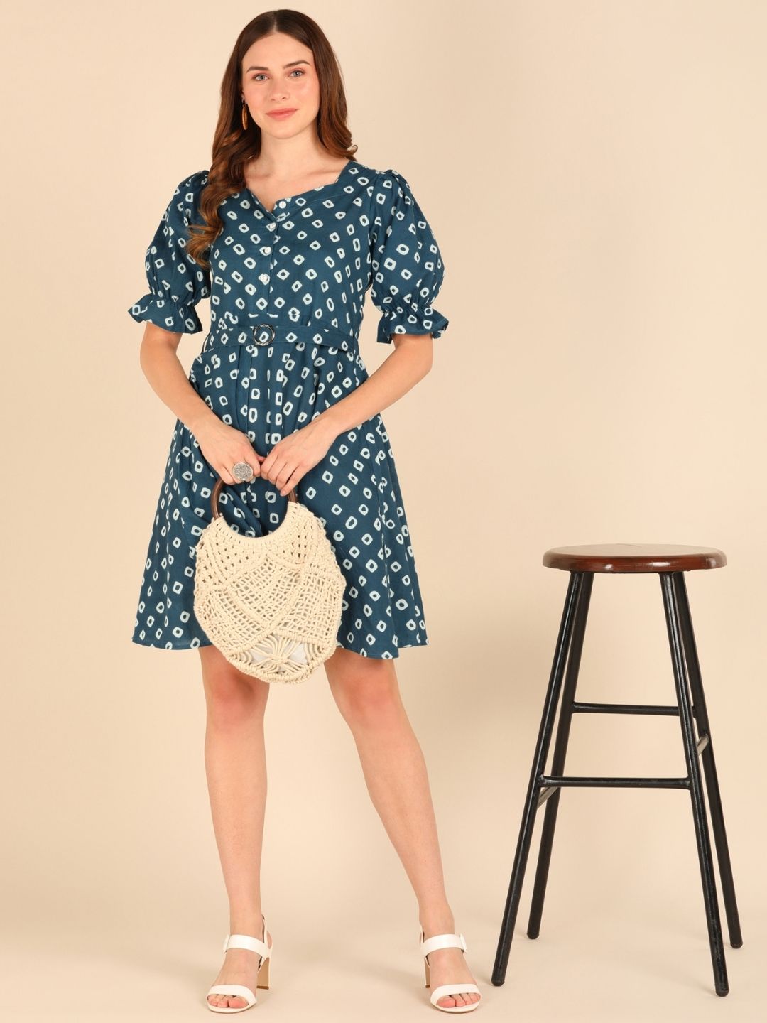 Abstract Print Fit & Flare Pure Cotton Dress - Blue