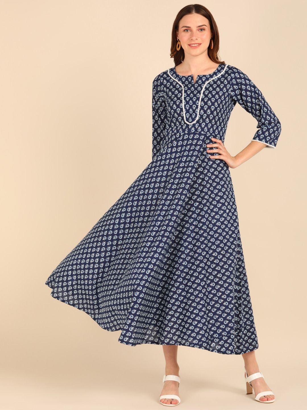 Indigo Printed Fit & Flare Ankle Length Dress