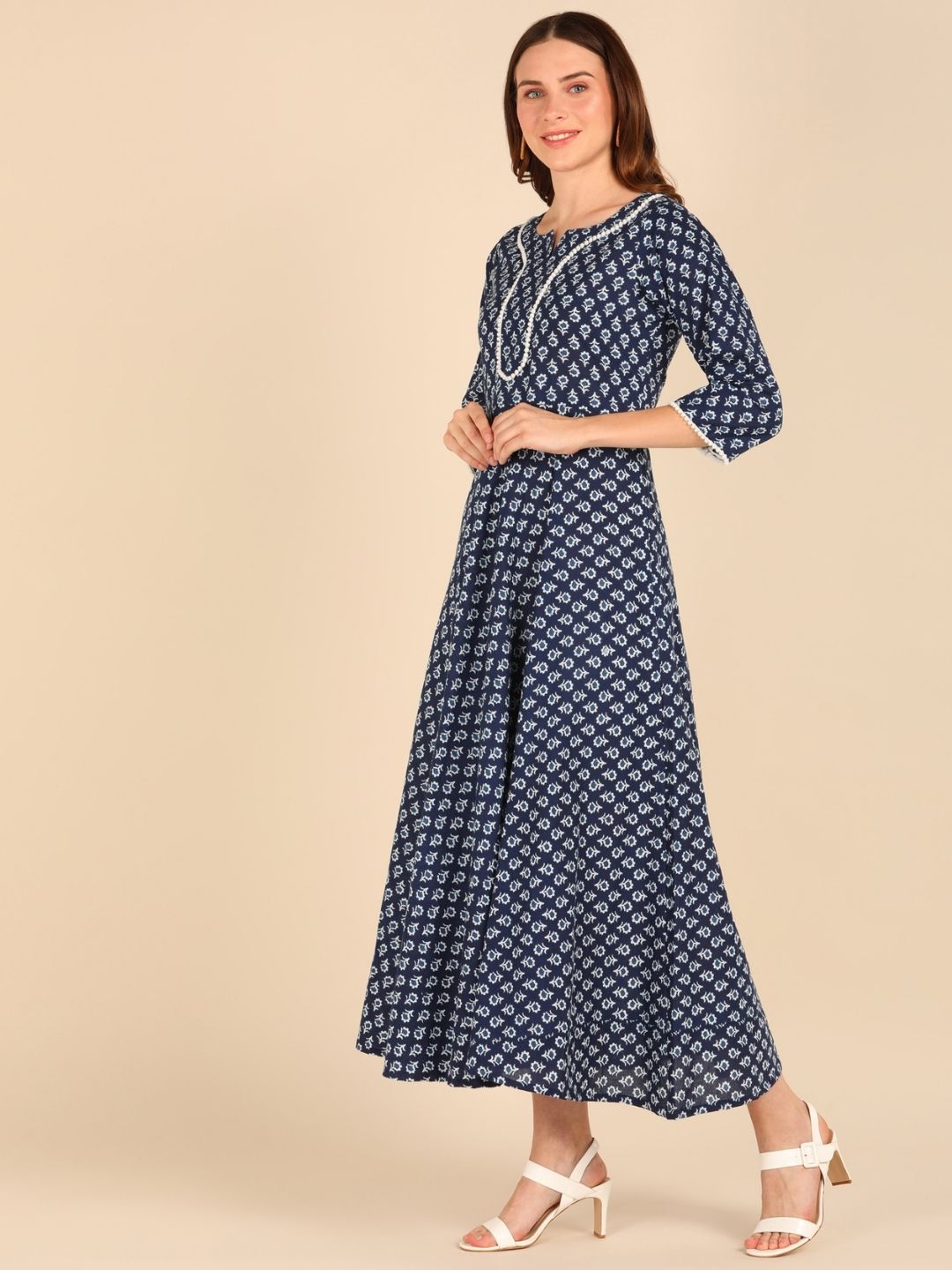 Indigo Printed Fit & Flare Ankle Length Dress