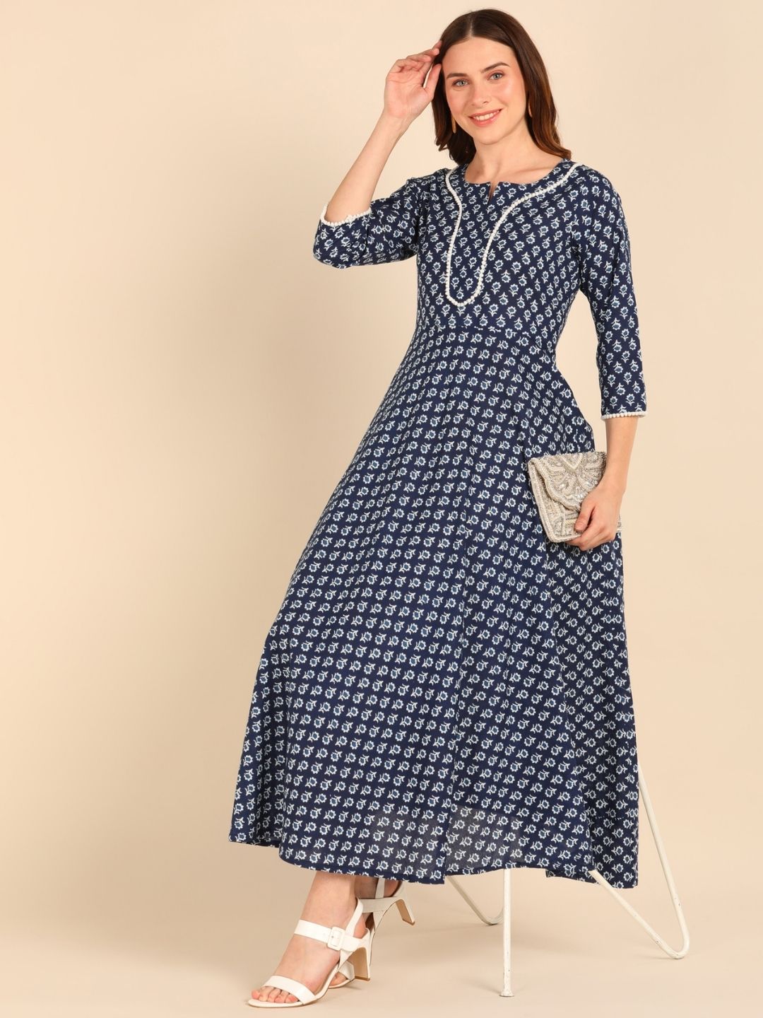 Indigo Printed Fit & Flare Ankle Length Dress VEDANA Indigo Printed Fit & Flare Ankle Length Dress VEDANA