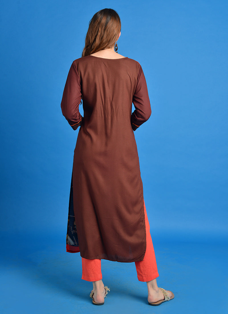 Rayon Floral Print Straight Kurta (Brown)