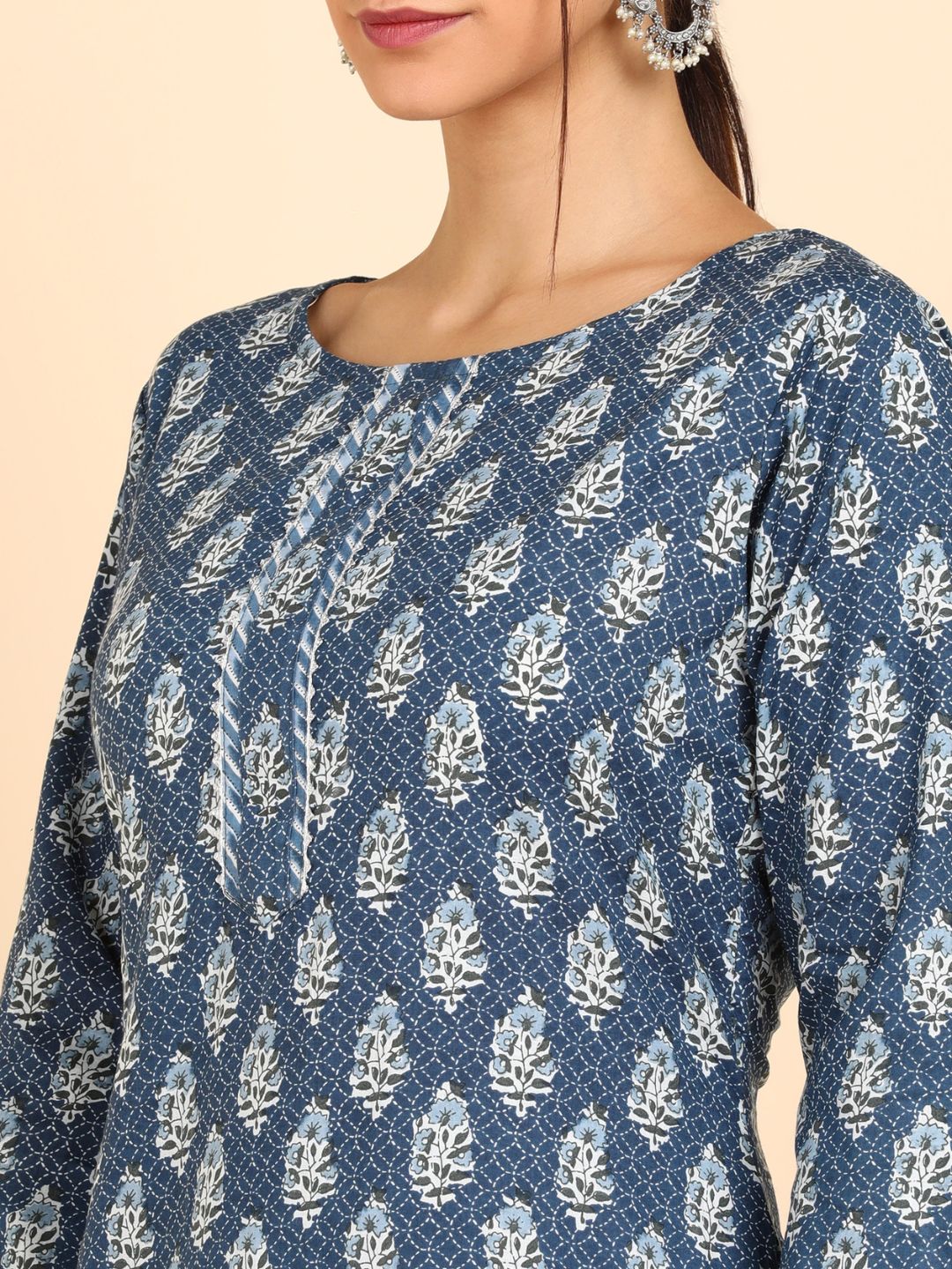 Pure Cotton Floral Print Kurta, Pant and Dupatta Set - Blue