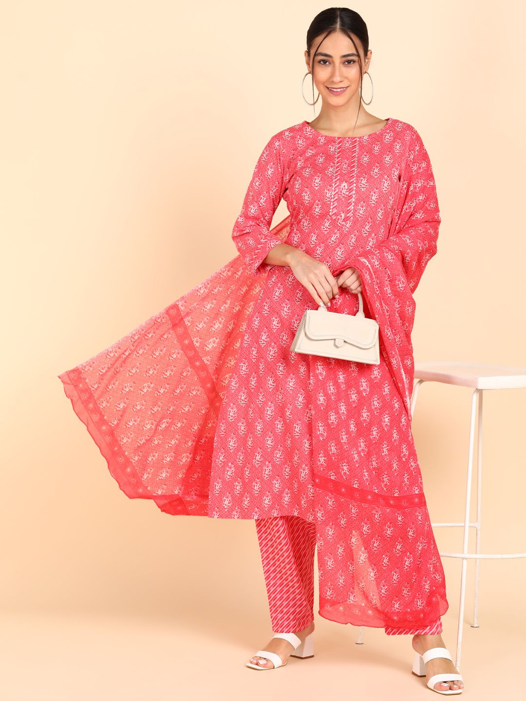 Pure Cotton Floral Print Kurta, Pant and Dupatta Set - Pink
