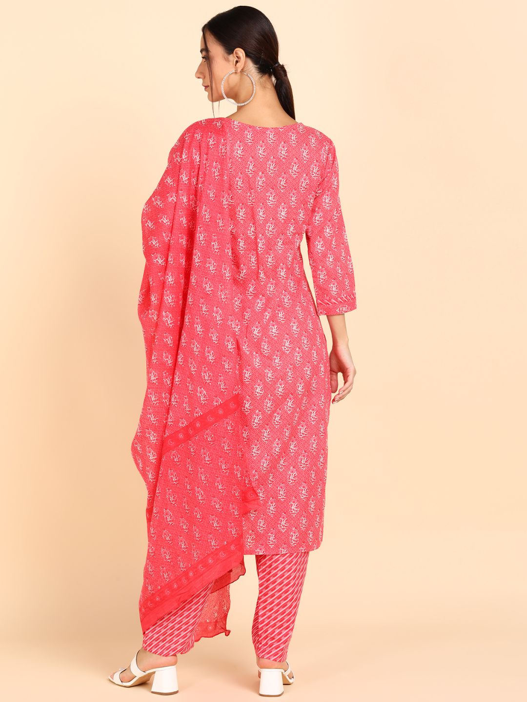Pure Cotton Floral Print Kurta, Pant and Dupatta Set - Pink