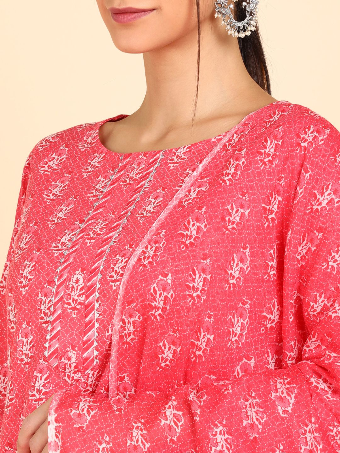 Pure Cotton Floral Print Kurta, Pant and Dupatta Set - Pink
