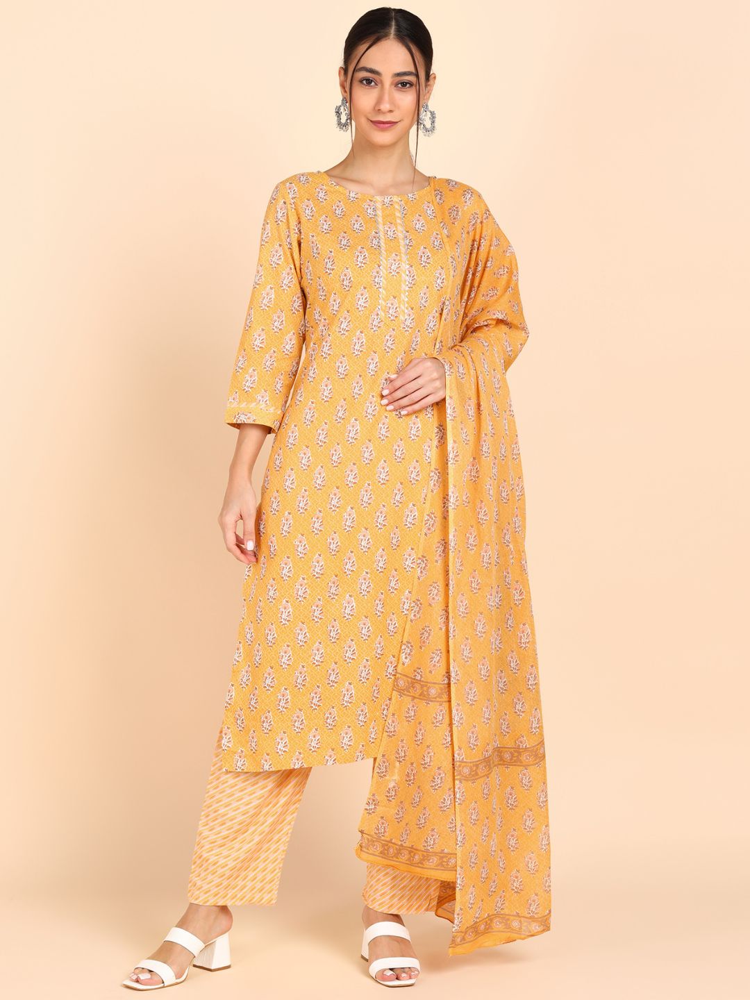 Pure Cotton Floral Print Kurta, Pant and Dupatta Set - Yellow