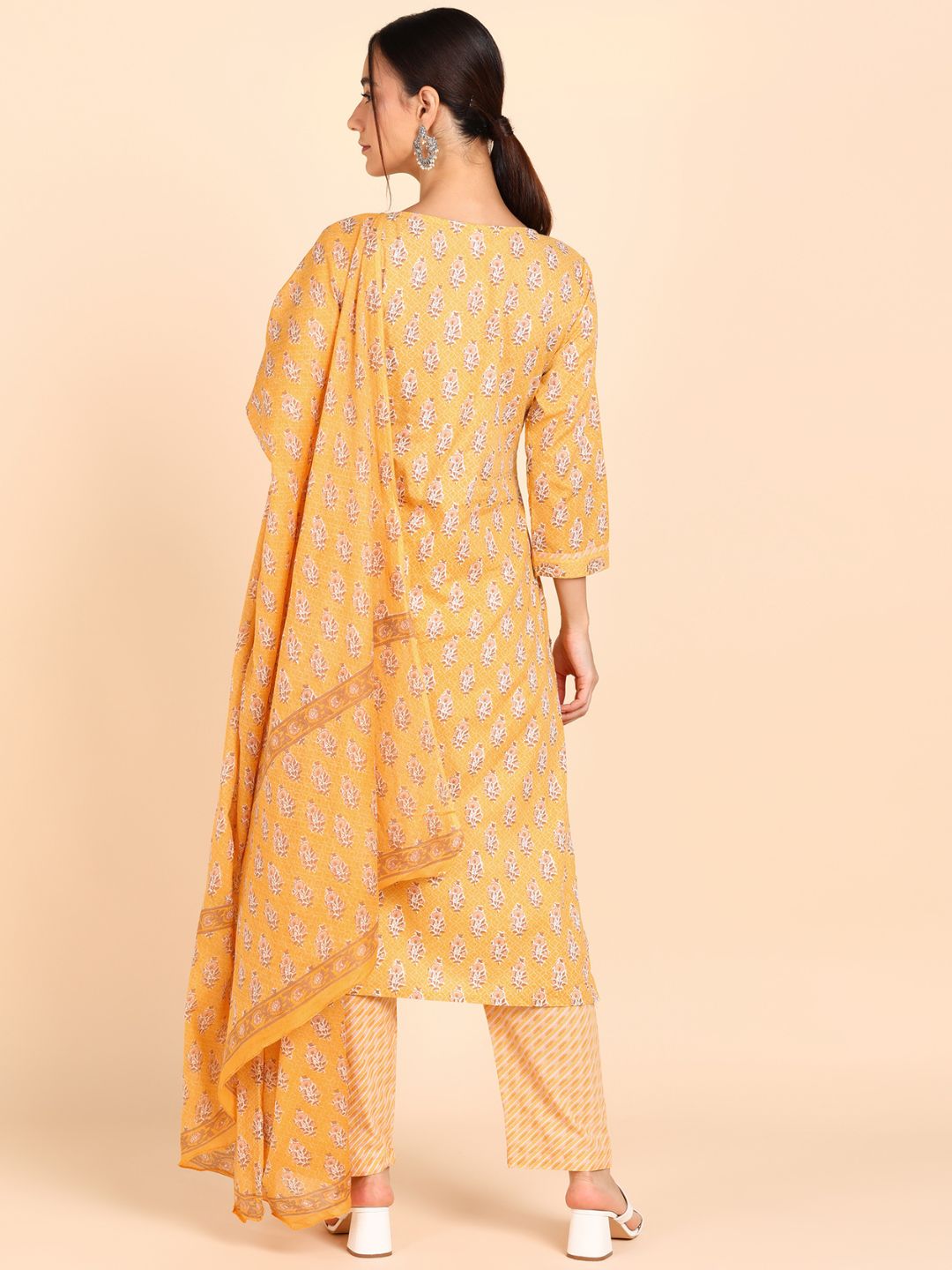 Pure Cotton Floral Print Kurta, Pant and Dupatta Set - Yellow