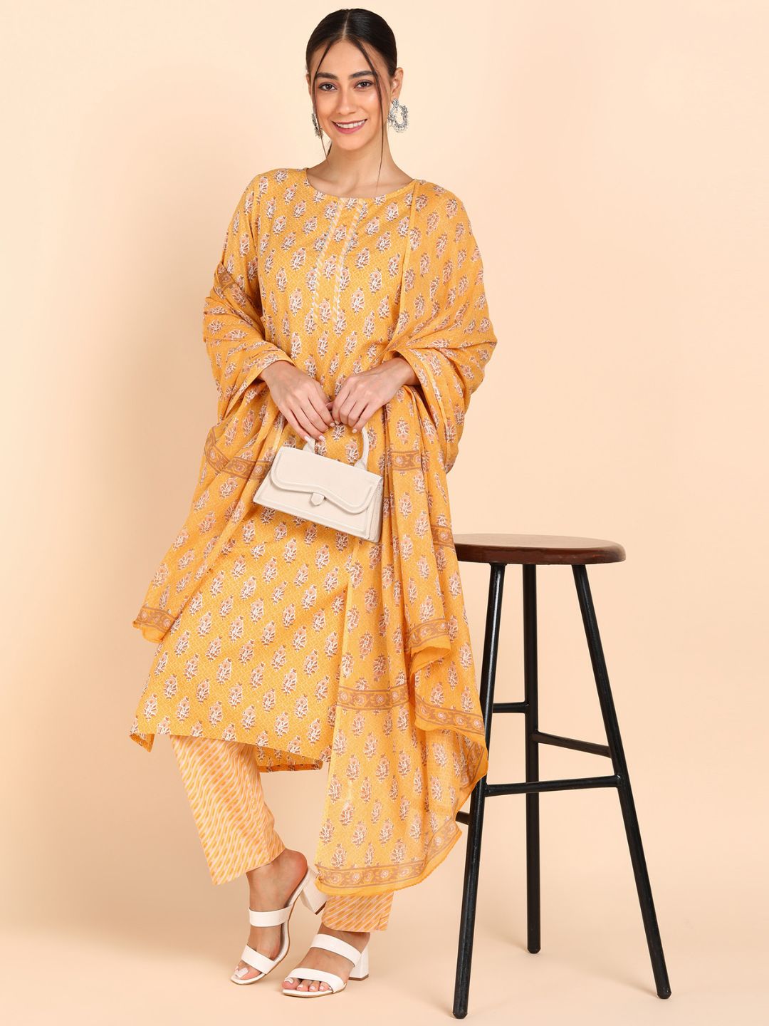 Pure Cotton Floral Print Kurta, Pant and Dupatta Set - Yellow