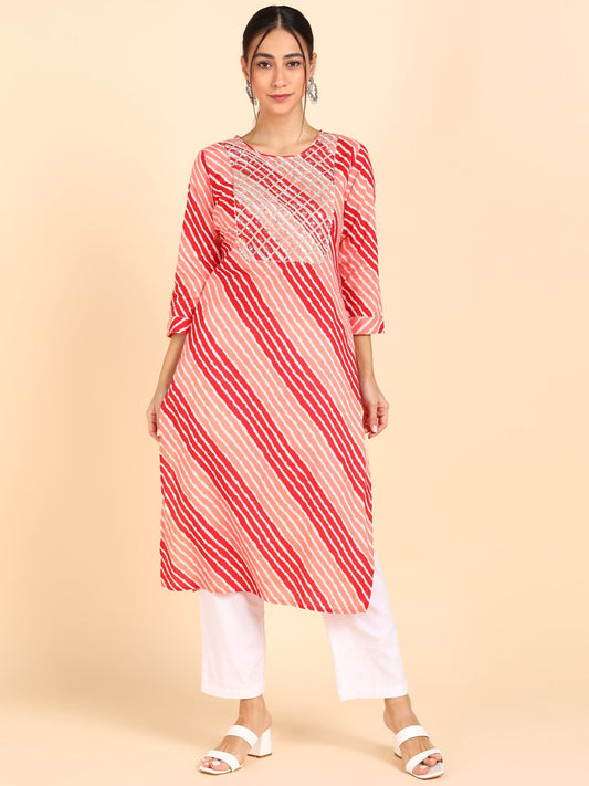 Lehariya Print Embroidered Straight Kurta - Peach