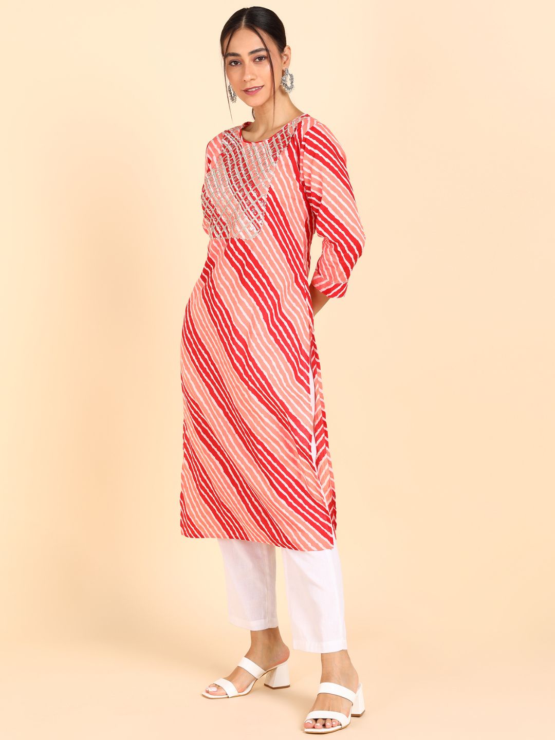 Lehariya Print Embroidered Straight Kurta - Peach