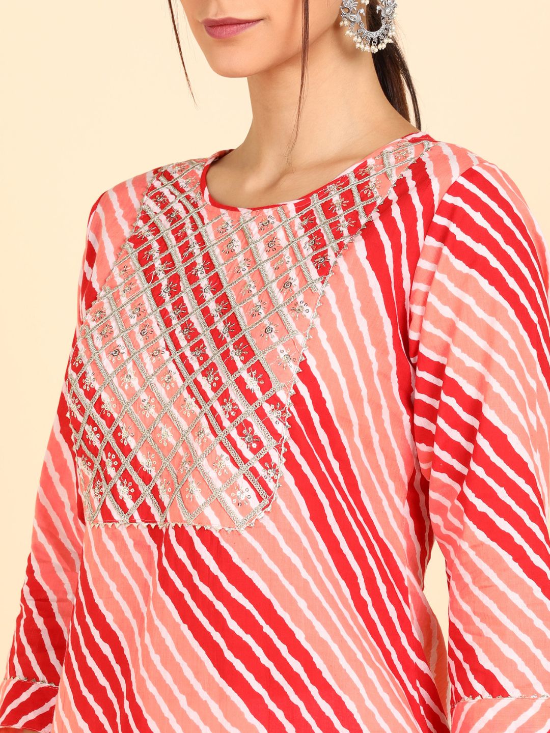 Lehariya Print Embroidered Straight Kurta - Peach