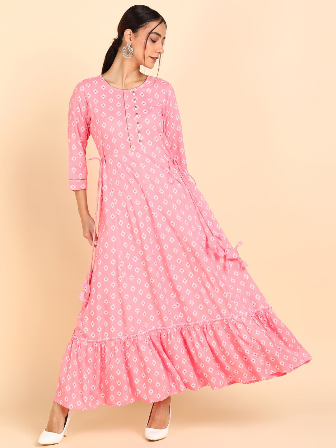 Printed Ruffled Hem Maxi Dress - Peach