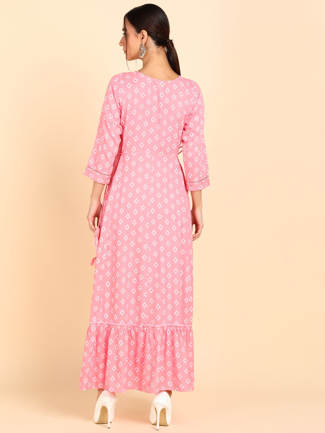Printed Ruffled Hem Maxi Dress - Peach