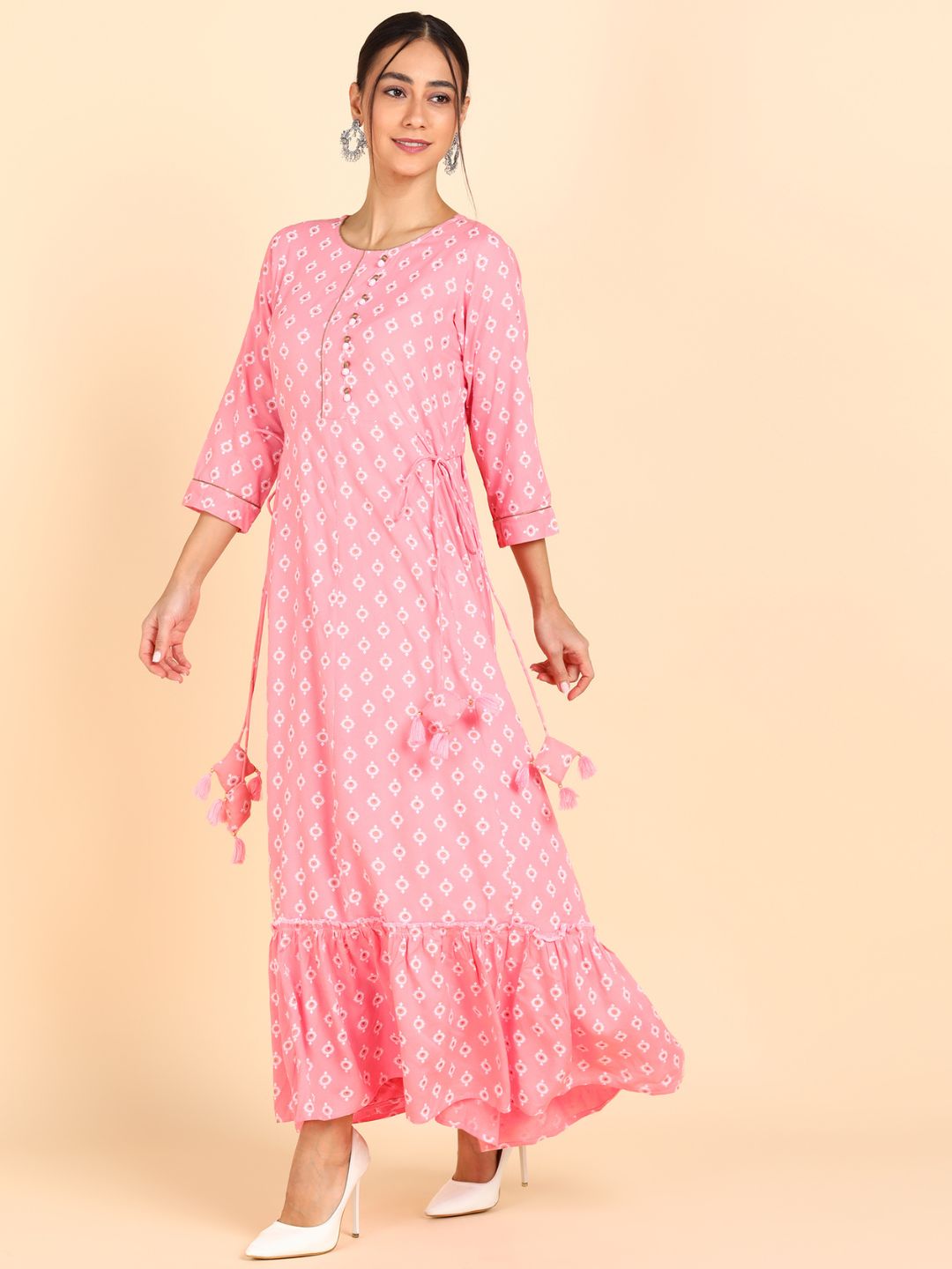 Printed Ruffled Hem Maxi Dress - Peach