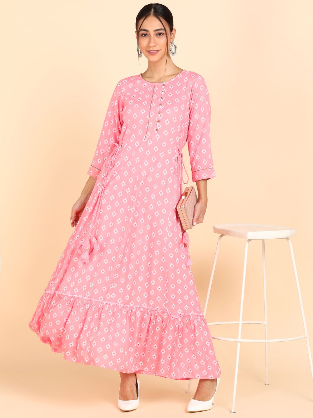 Printed Ruffled Hem Maxi Dress - Peach
