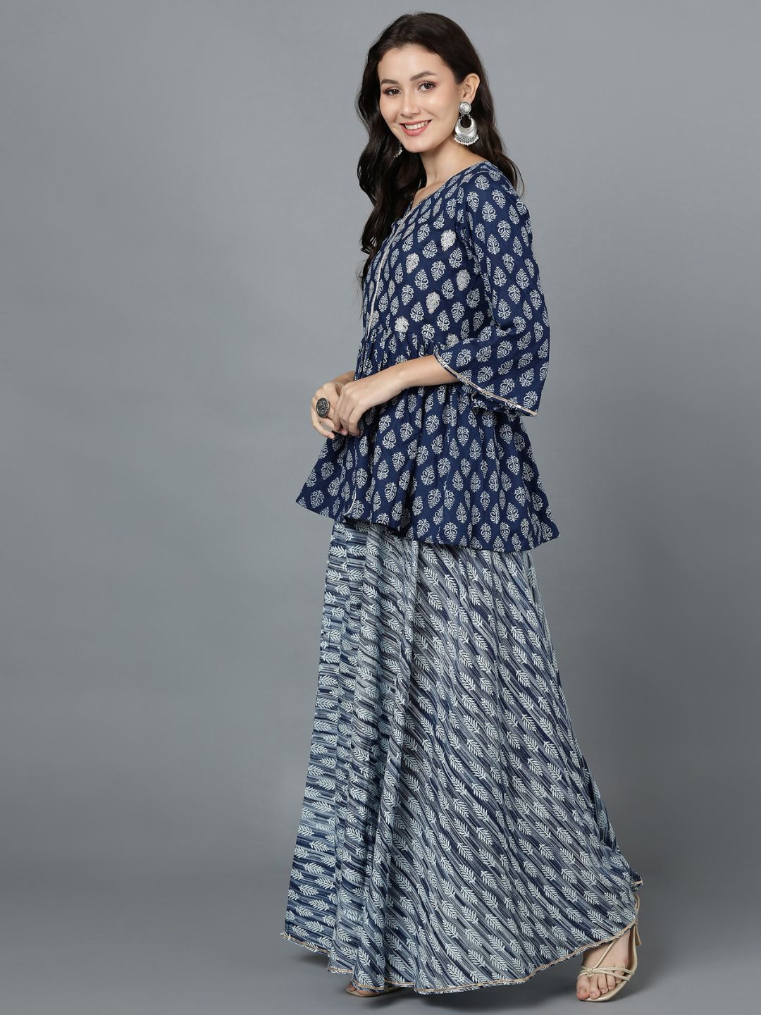 Indigo Print Pure Cotton Embroidered Peplum Top with Flared Skirt