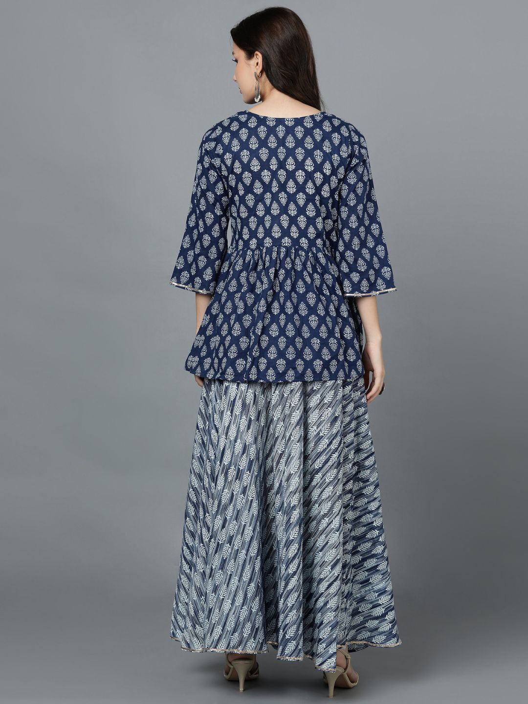 Indigo Print Pure Cotton Embroidered Peplum Top with Flared Skirt