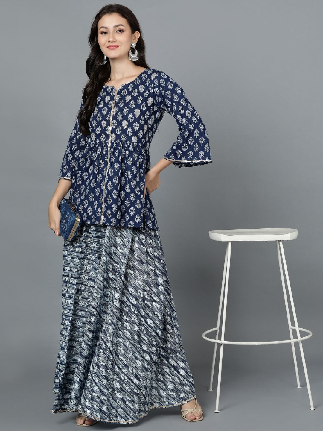 Indigo Print Pure Cotton Embroidered Peplum Top with Flared Skirt