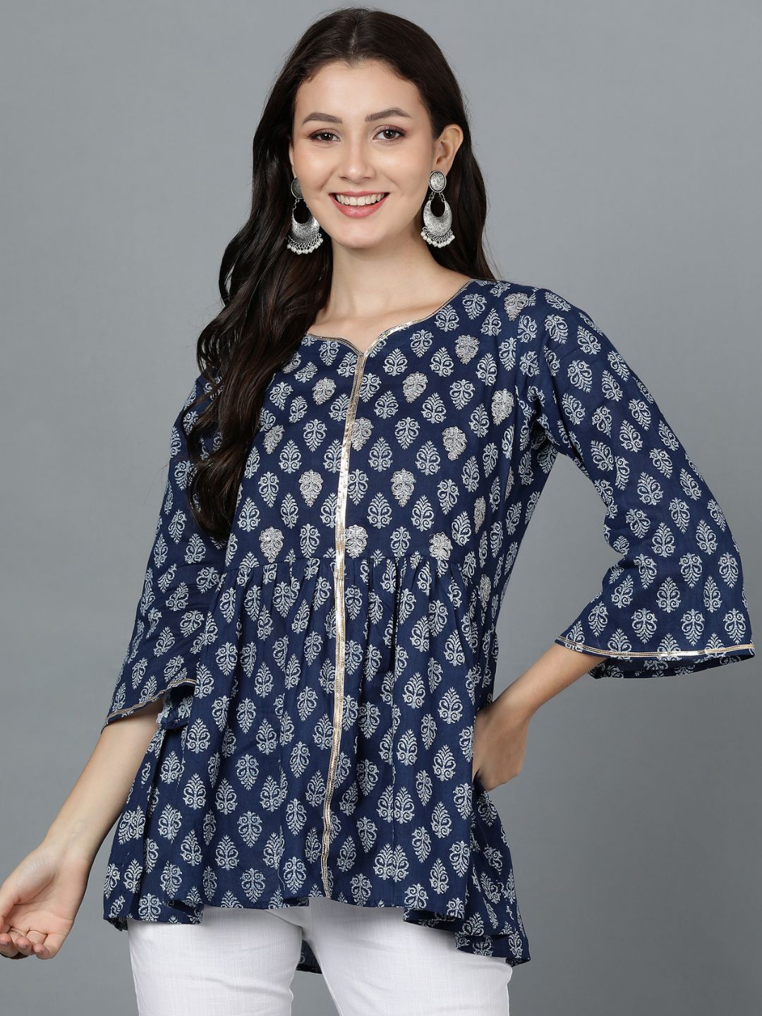 Pure Cotton Indigo Print Peplum Top