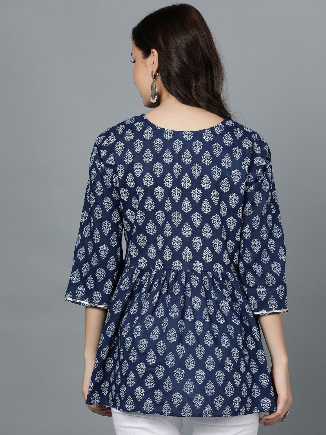 Pure Cotton Indigo Print Peplum Top
