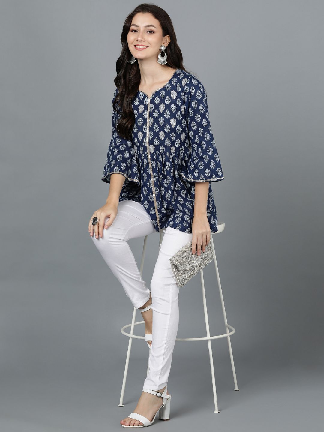 Pure Cotton Indigo Print Peplum Top