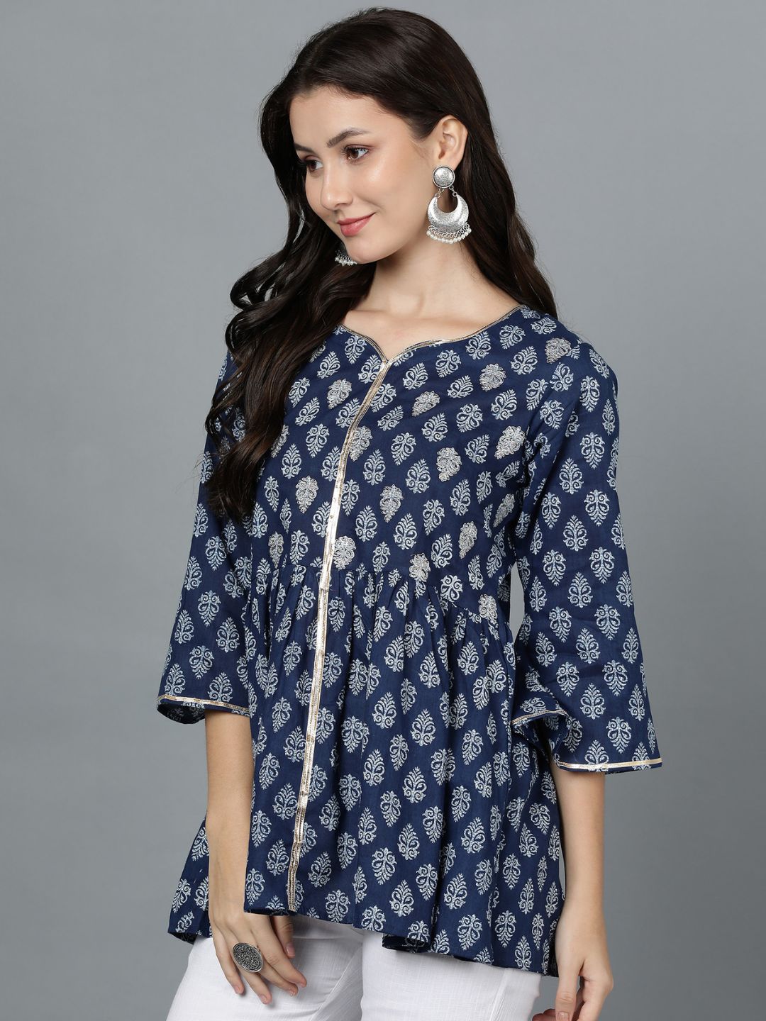 Pure Cotton Indigo Print Peplum Top