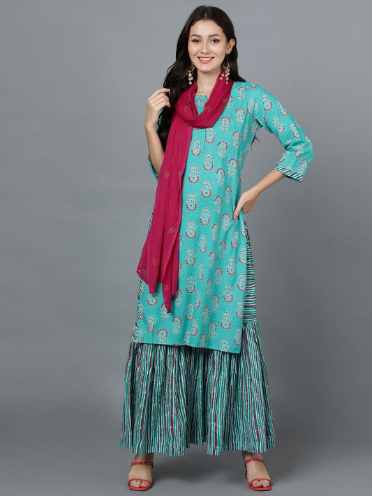 Floral Striped Print Hand Embroidered Kurta, Sharara and Dupatta Set - Turquoise