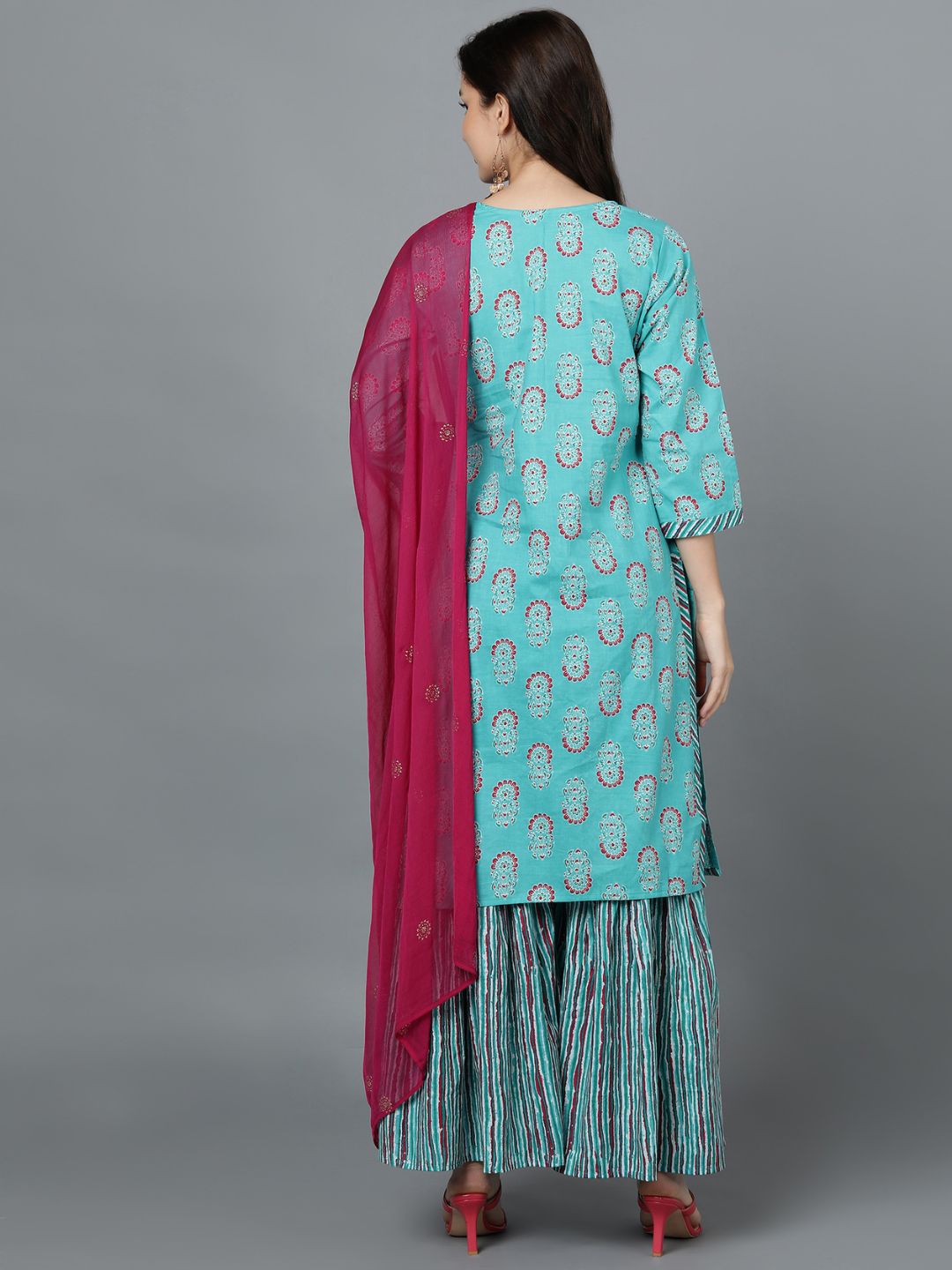 Floral Striped Print Hand Embroidered Kurta, Sharara and Dupatta Set - Turquoise