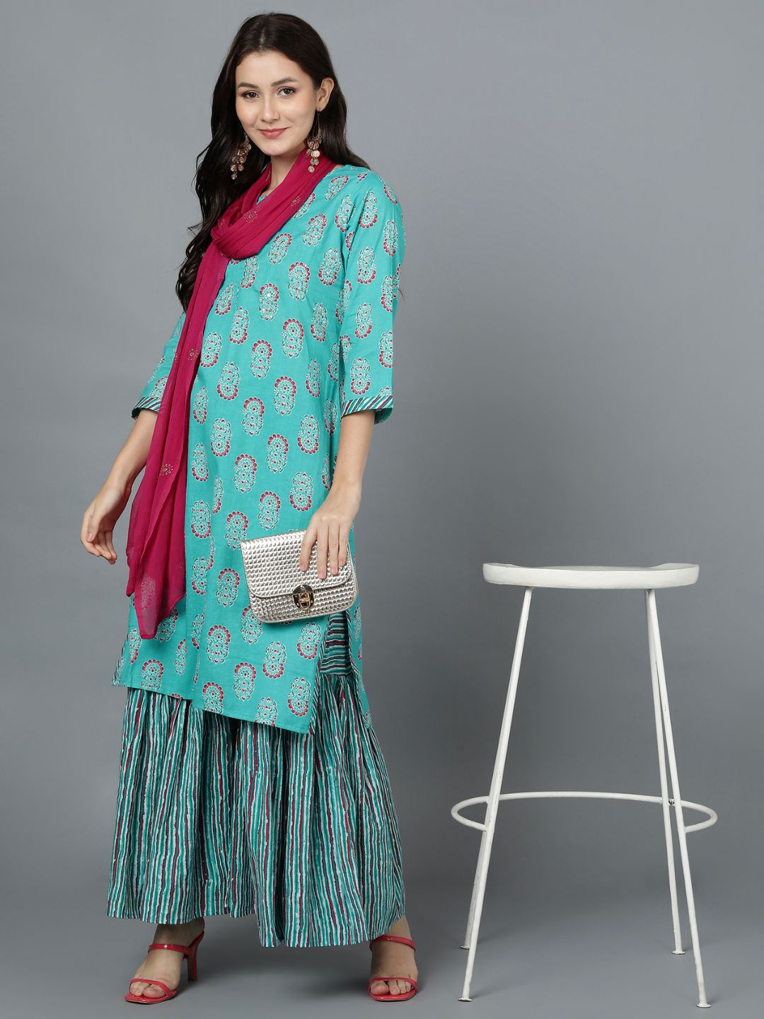Floral Striped Print Hand Embroidered Kurta, Sharara and Dupatta Set - Turquoise