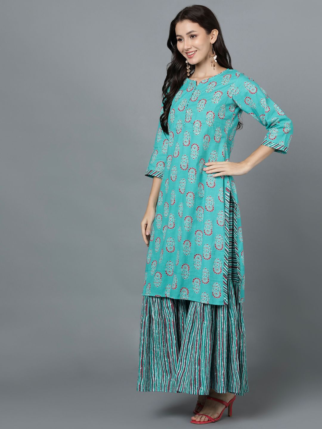 Floral Striped Print Hand Embroidered Kurta, Sharara and Dupatta Set - Turquoise