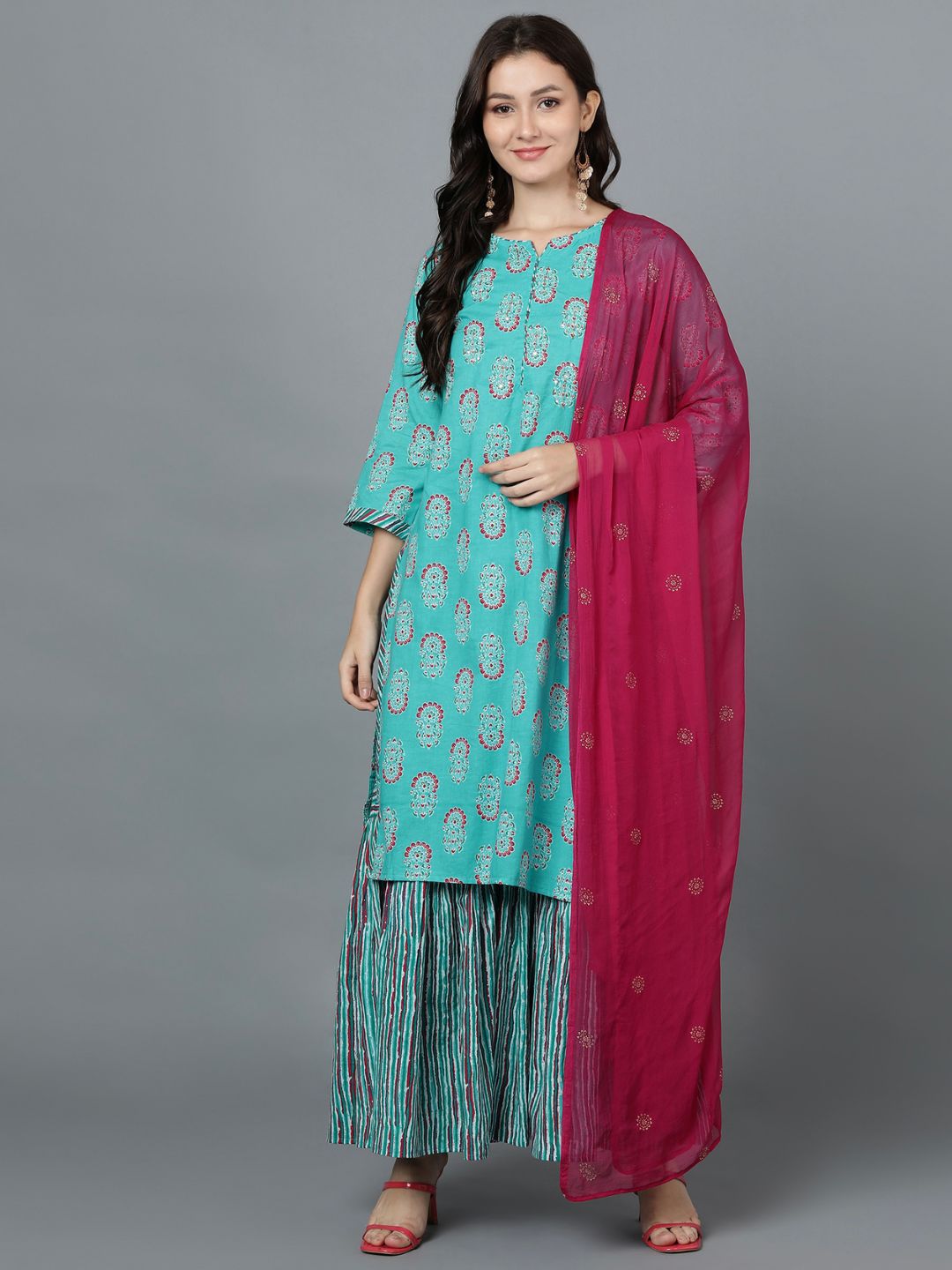 Floral Striped Print Hand Embroidered Kurta, Sharara and Dupatta Set - Turquoise