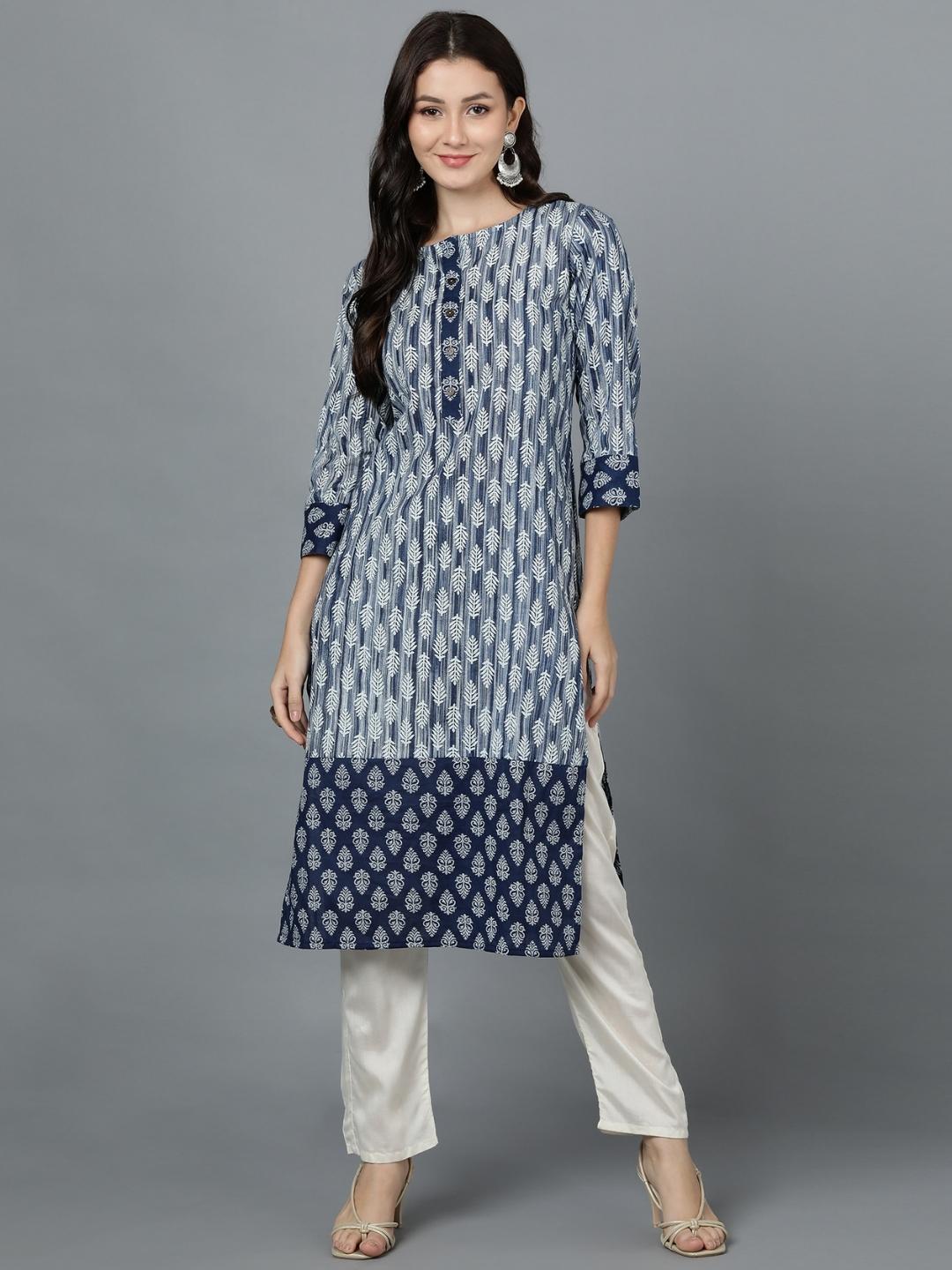 Pure Cotton Print Straight Kurta - Indigo