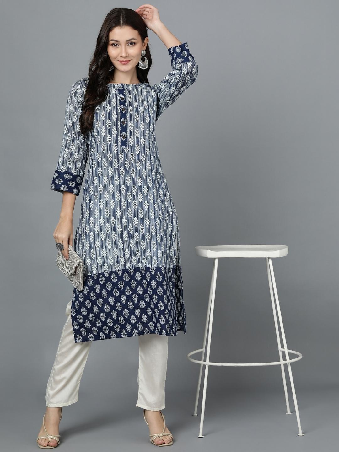 Pure Cotton Print Straight Kurta - Indigo