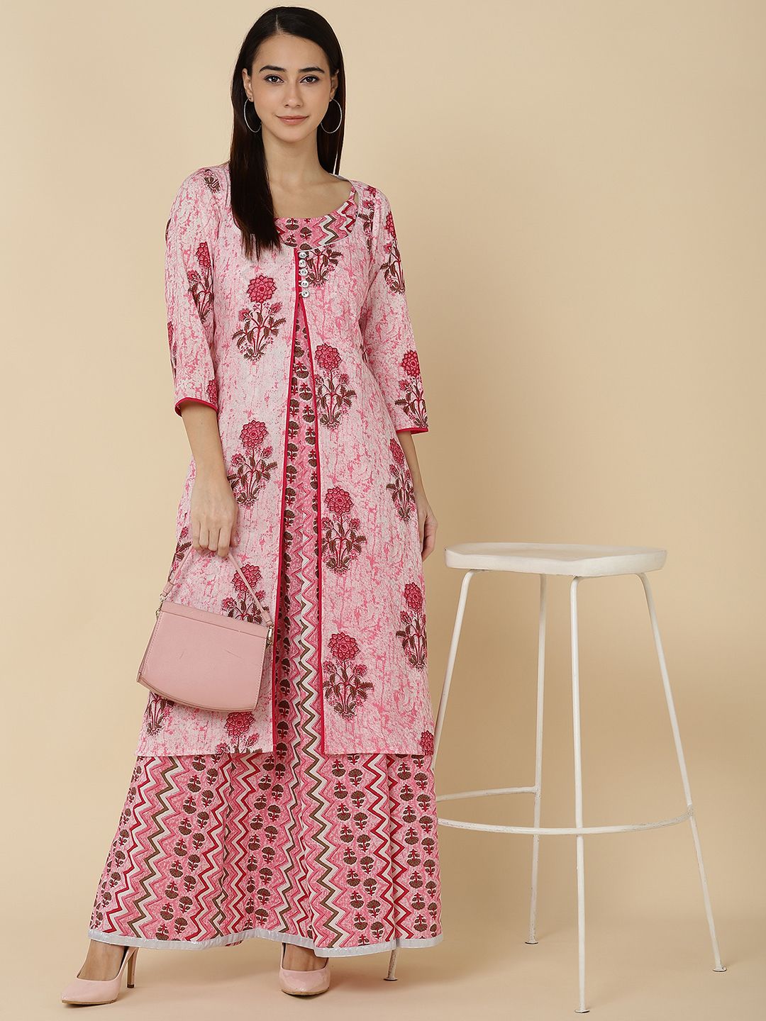 Floral and Chevron Print Anarkali Dress with Jacket - Pink