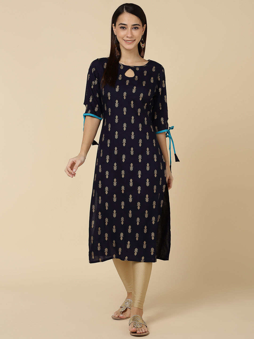 Ethnic Gold Print Straight Kurta - Navy Blue