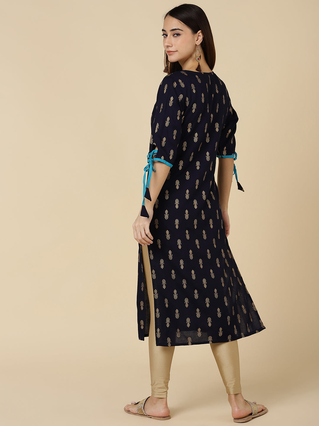 Ethnic Gold Print Straight Kurta - Navy Blue