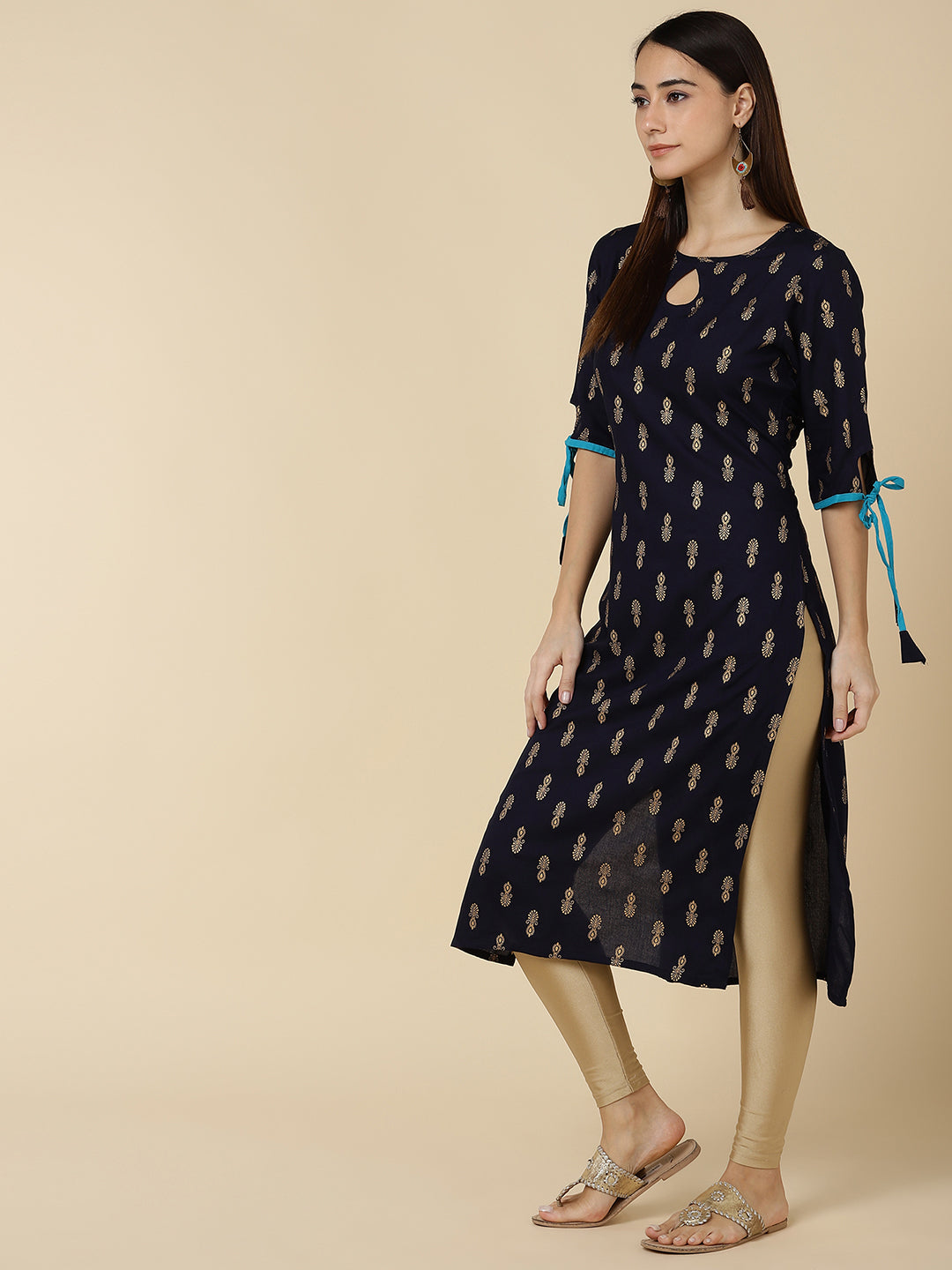 Ethnic Gold Print Straight Kurta - Navy Blue