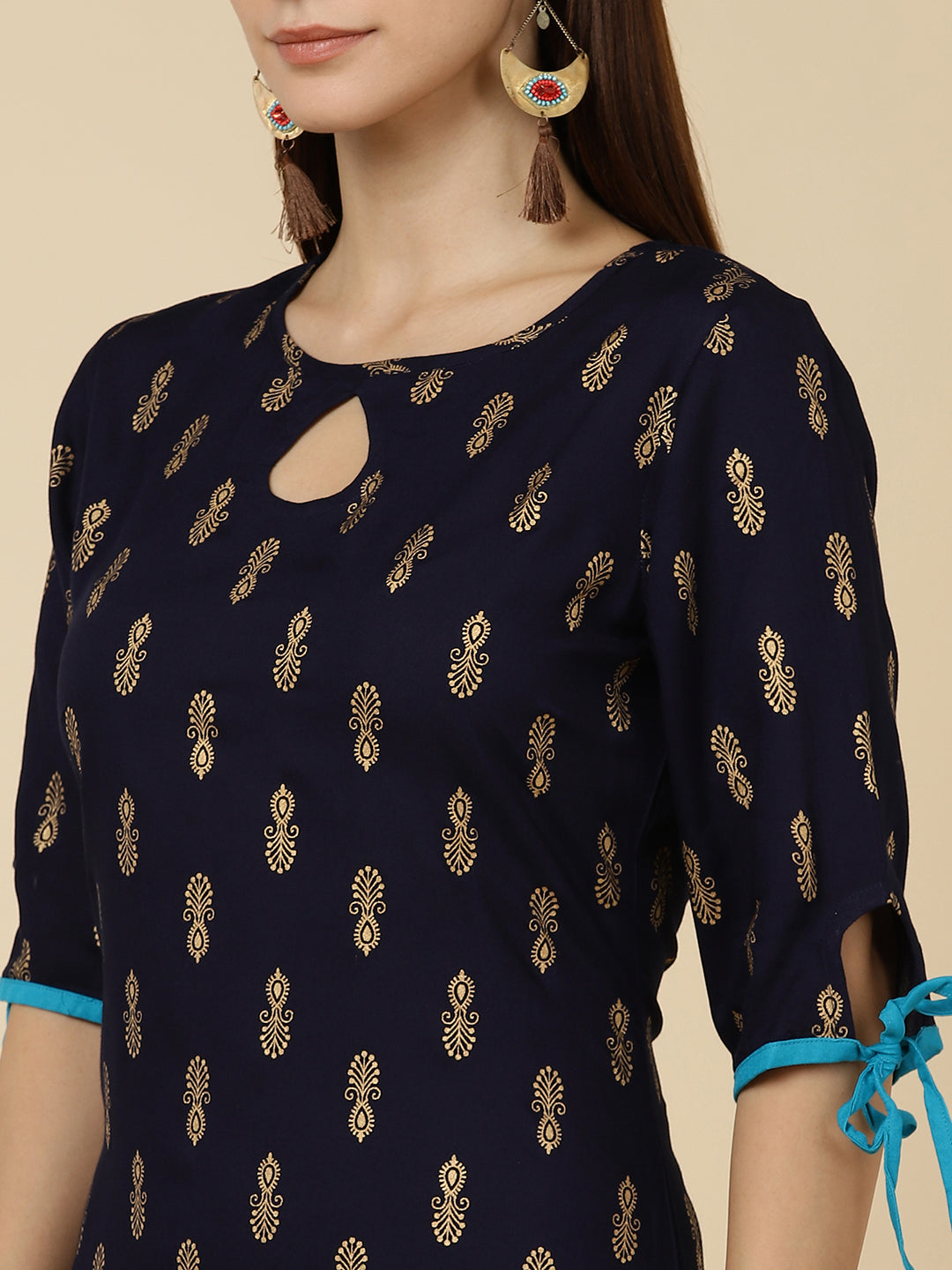 Ethnic Gold Print Straight Kurta - Navy Blue
