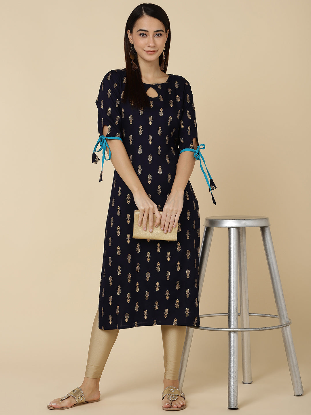 Ethnic Gold Print Straight Kurta - Navy Blue
