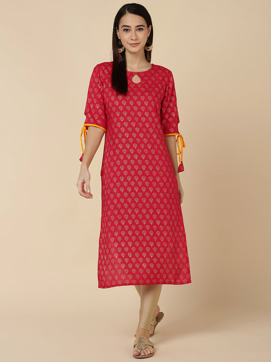 Ethnic Gold Print Straight Kurta - Red