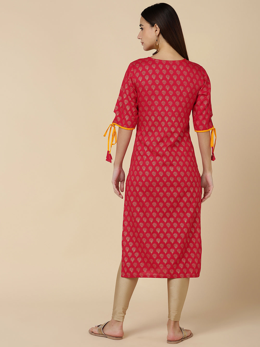 Ethnic Gold Print Straight Kurta - Red