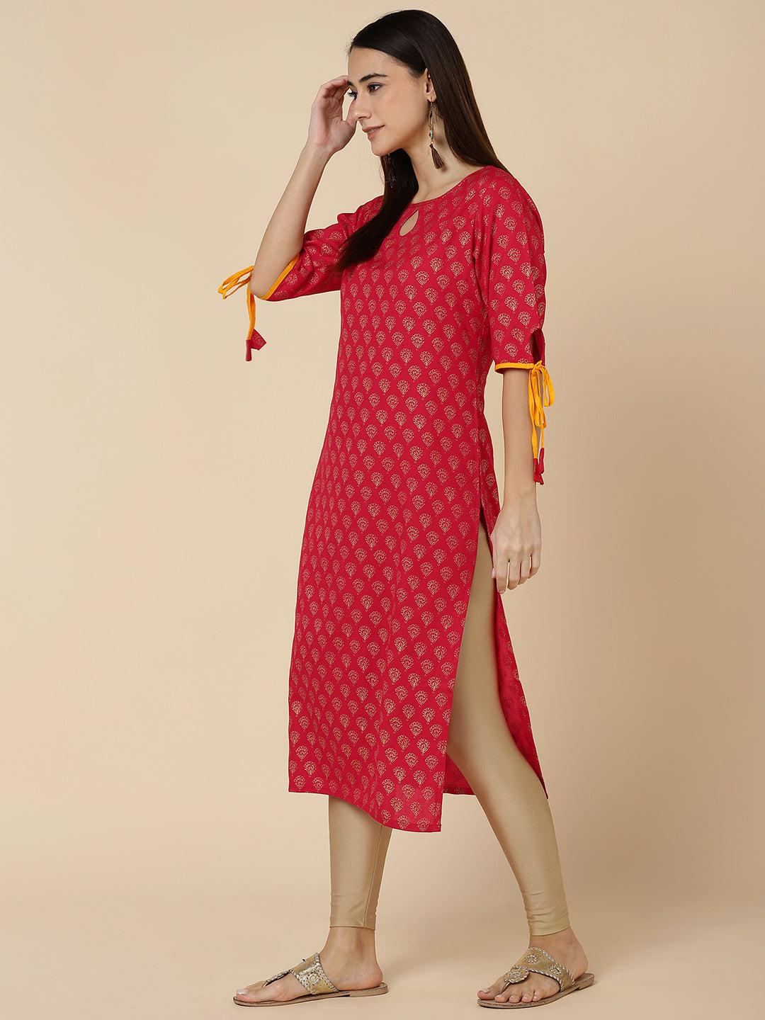 Ethnic Gold Print Straight Kurta - Red