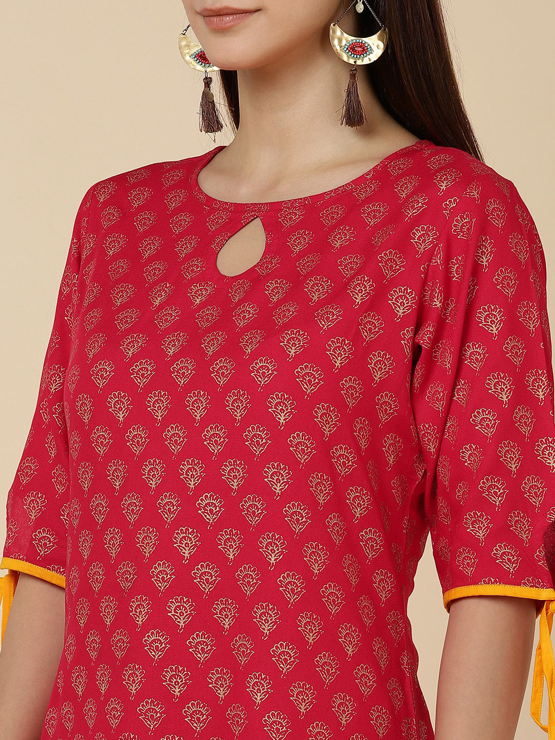 Ethnic Gold Print Straight Kurta - Red