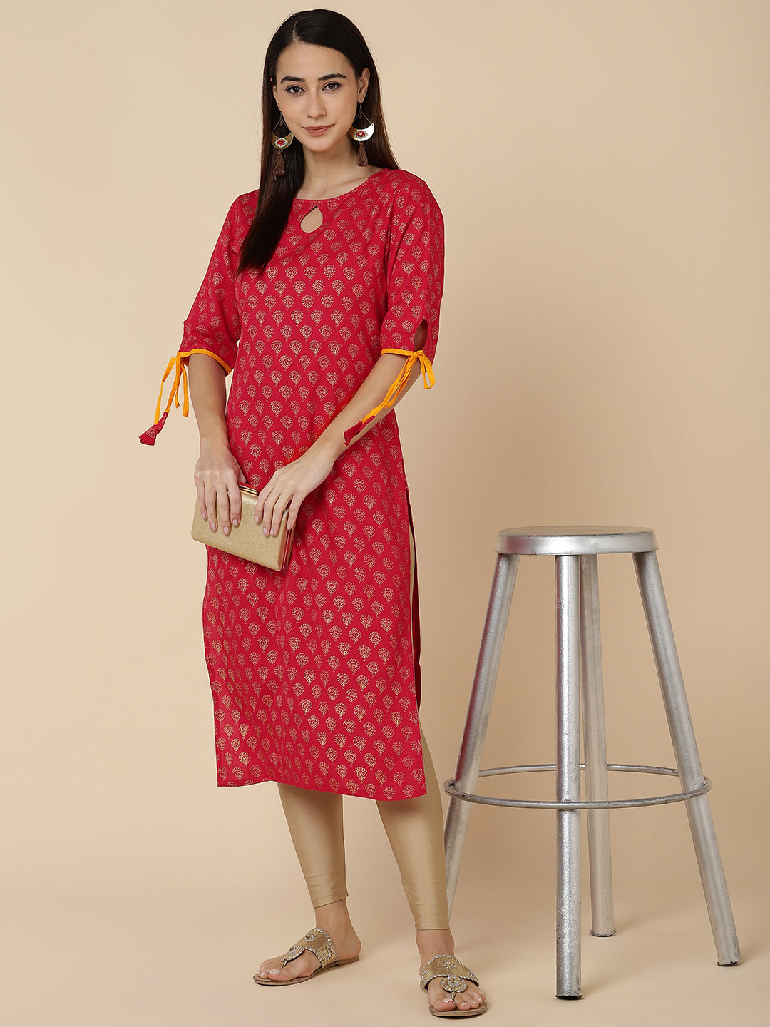 Ethnic Gold Print Straight Kurta - Red